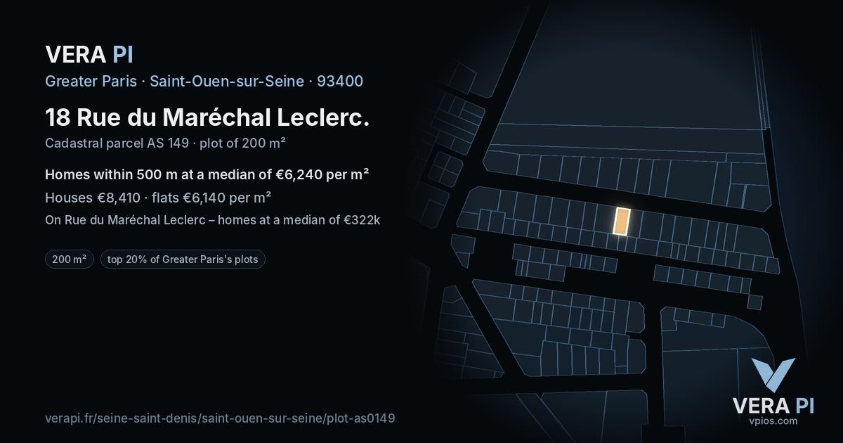 18 Rue du Maréchal Leclerc, Saint-Ouen-sur-Seine at night – the plot lit, the parcels around coloured by the prices near them