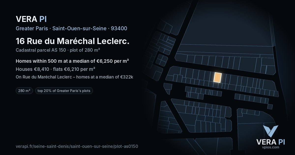 16 Rue du Maréchal Leclerc, Saint-Ouen-sur-Seine at night – the plot lit, the parcels around coloured by the prices near them