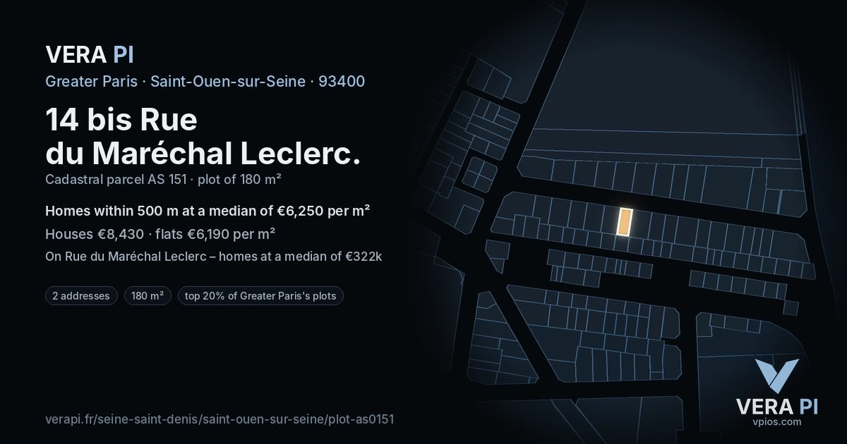 14 bis Rue du Maréchal Leclerc, Saint-Ouen-sur-Seine at night – the plot lit, the parcels around coloured by the prices near them
