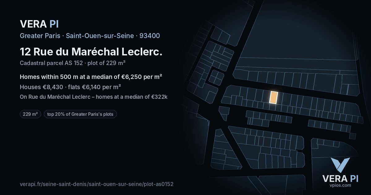 12 Rue du Maréchal Leclerc, Saint-Ouen-sur-Seine at night – the plot lit, the parcels around coloured by the prices near them