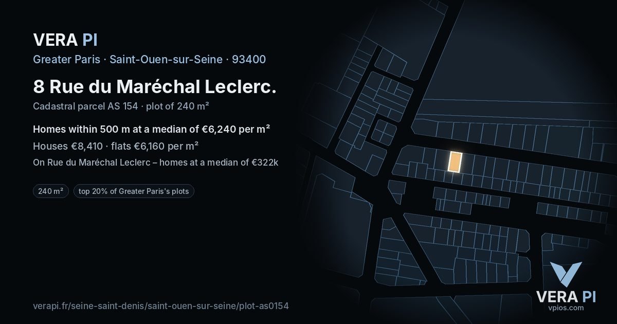 8 Rue du Maréchal Leclerc, Saint-Ouen-sur-Seine at night – the plot lit, the parcels around coloured by the prices near them