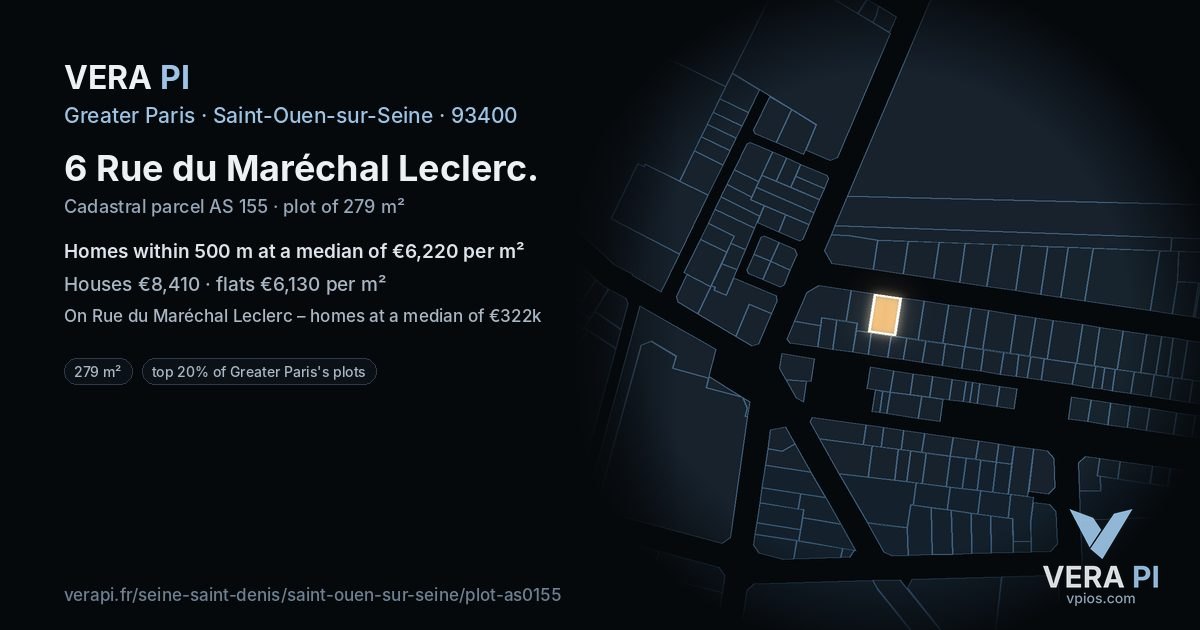 6 Rue du Maréchal Leclerc, Saint-Ouen-sur-Seine at night – the plot lit, the parcels around coloured by the prices near them