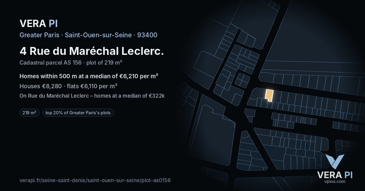 4 Rue du Maréchal Leclerc, Saint-Ouen-sur-Seine at night – the plot lit, the parcels around coloured by the prices near them