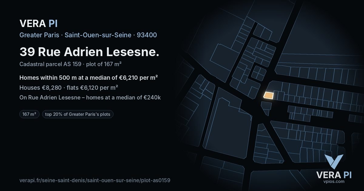 39 Rue Adrien Lesesne, Saint-Ouen-sur-Seine at night – the plot lit, the parcels around coloured by the prices near them