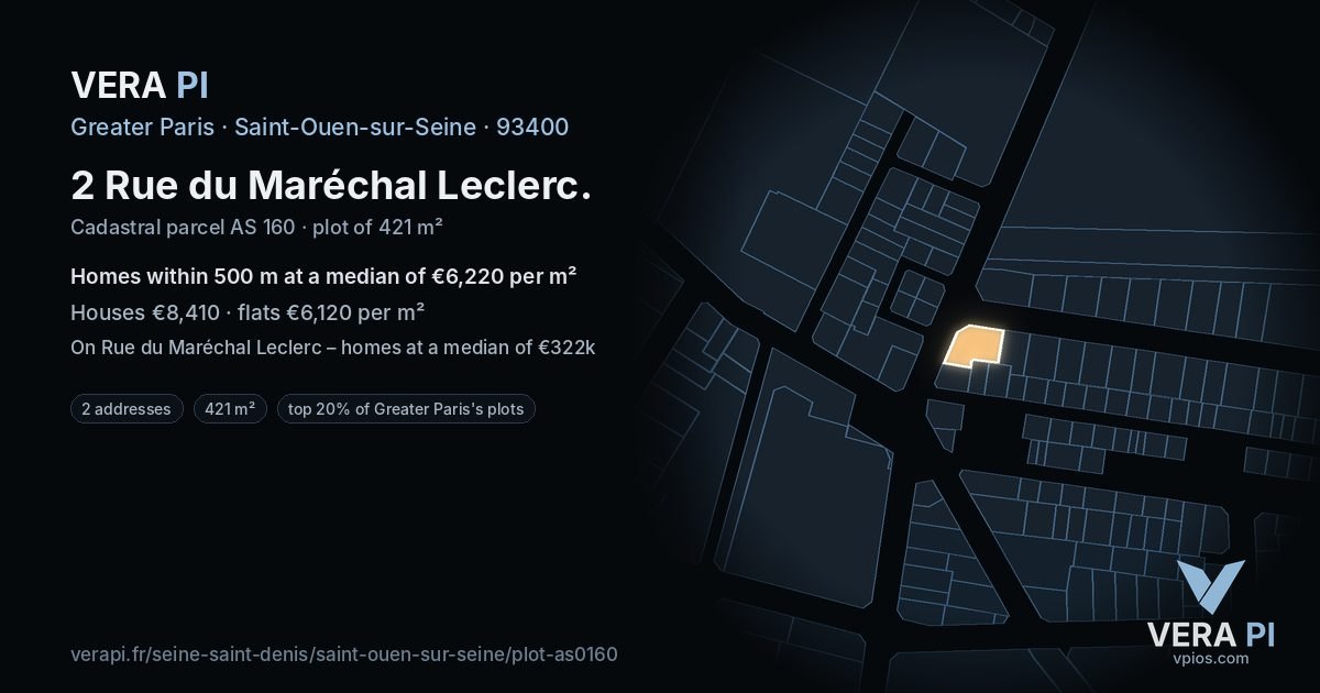 2 Rue du Maréchal Leclerc, Saint-Ouen-sur-Seine at night – the plot lit, the parcels around coloured by the prices near them