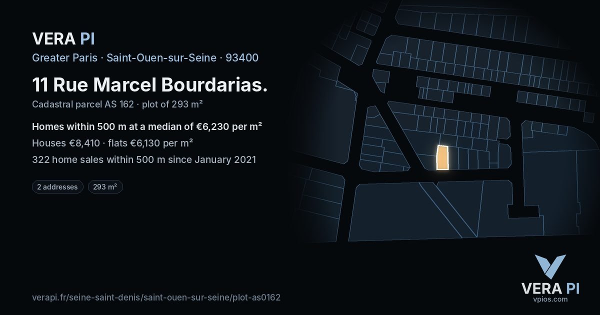 11 Rue Marcel Bourdarias, Saint-Ouen-sur-Seine at night – the plot lit, the parcels around coloured by the prices near them