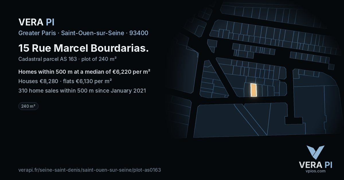 15 Rue Marcel Bourdarias, Saint-Ouen-sur-Seine at night – the plot lit, the parcels around coloured by the prices near them