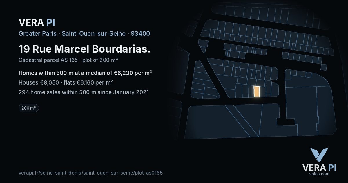 19 Rue Marcel Bourdarias, Saint-Ouen-sur-Seine at night – the plot lit, the parcels around coloured by the prices near them