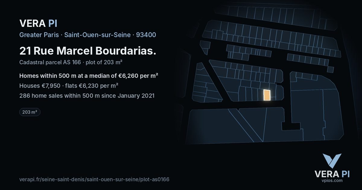 21 Rue Marcel Bourdarias, Saint-Ouen-sur-Seine at night – the plot lit, the parcels around coloured by the prices near them