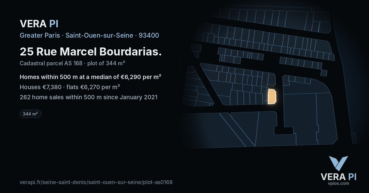 25 Rue Marcel Bourdarias, Saint-Ouen-sur-Seine at night – the plot lit, the parcels around coloured by the prices near them