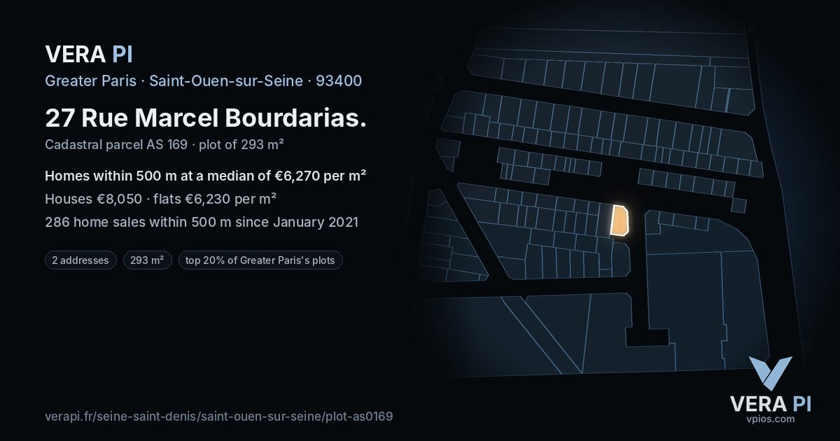 27 Rue Marcel Bourdarias, Saint-Ouen-sur-Seine at night – the plot lit, the parcels around coloured by the prices near them