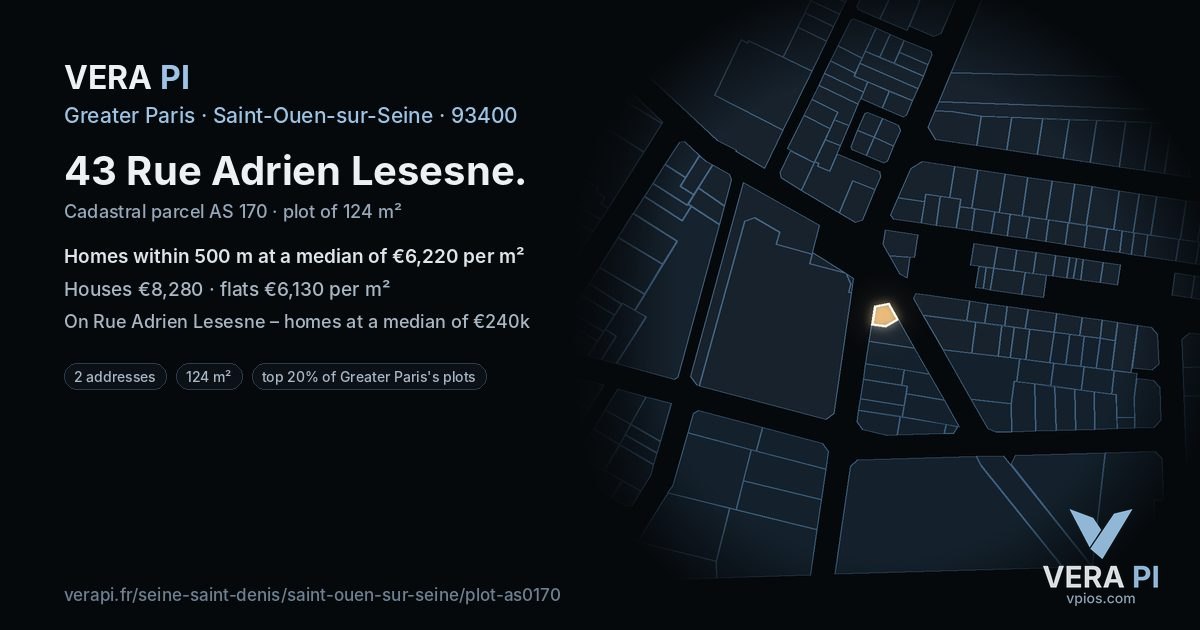 43 Rue Adrien Lesesne, Saint-Ouen-sur-Seine at night – the plot lit, the parcels around coloured by the prices near them
