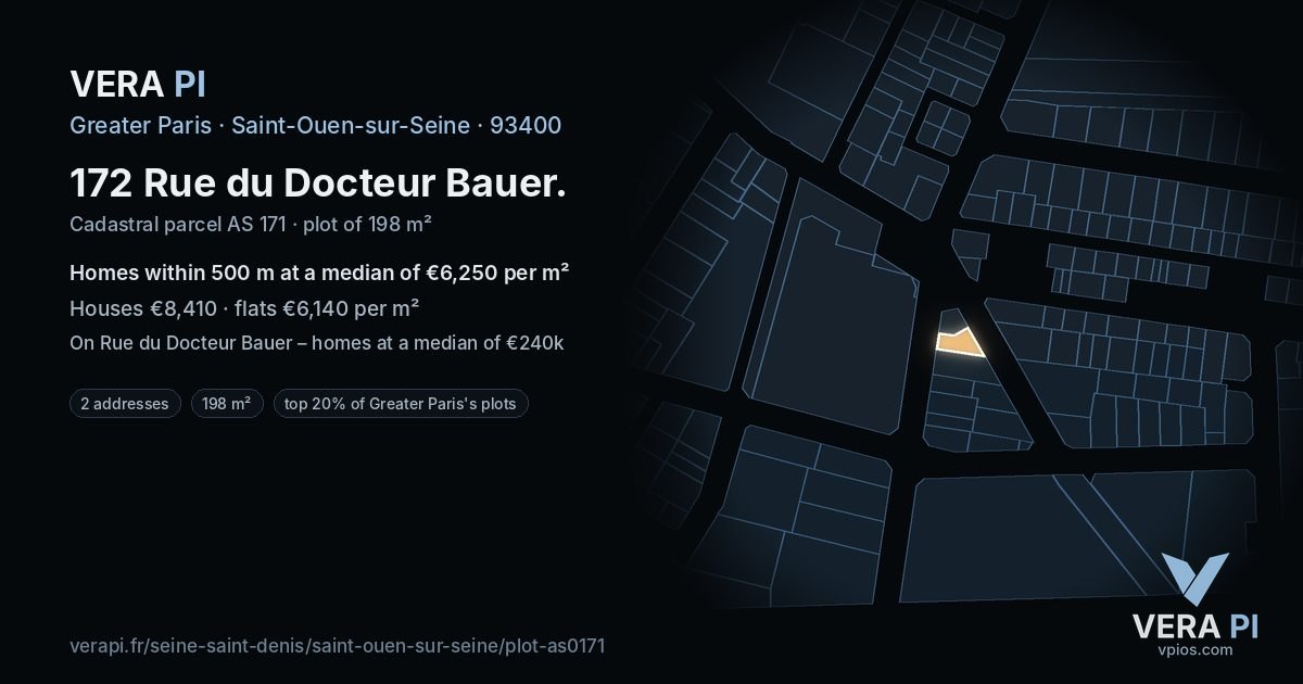 172 Rue du Docteur Bauer, Saint-Ouen-sur-Seine at night – the plot lit, the parcels around coloured by the prices near them