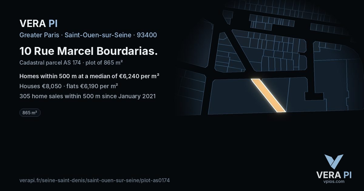 10 Rue Marcel Bourdarias, Saint-Ouen-sur-Seine at night – the plot lit, the parcels around coloured by the prices near them