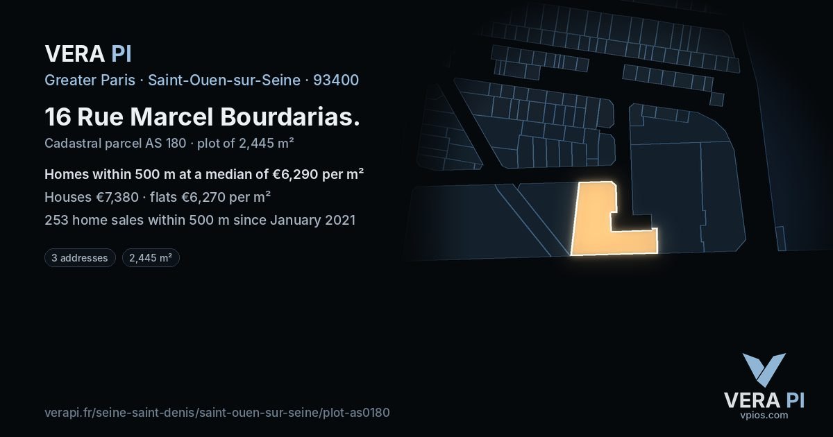 16 Rue Marcel Bourdarias, Saint-Ouen-sur-Seine at night – the plot lit, the parcels around coloured by the prices near them