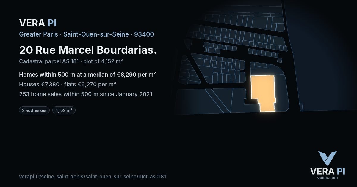 20 Rue Marcel Bourdarias, Saint-Ouen-sur-Seine at night – the plot lit, the parcels around coloured by the prices near them