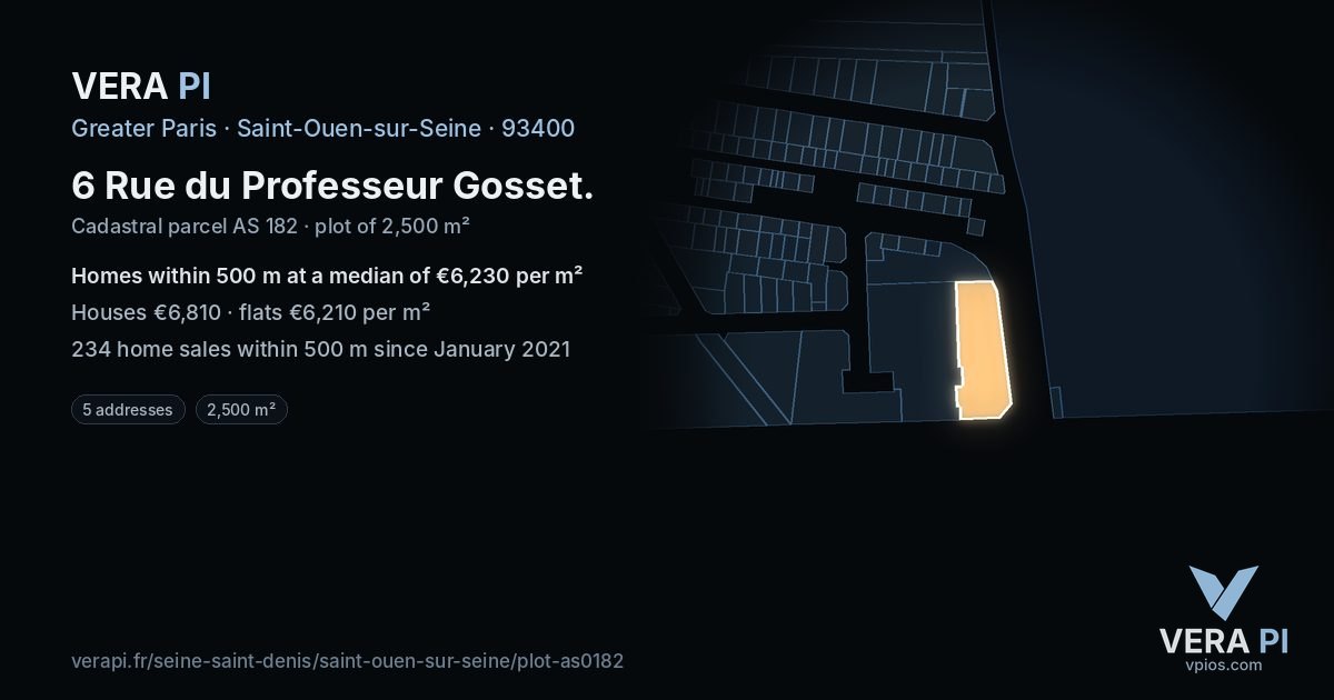 6 Rue du Professeur Gosset, Saint-Ouen-sur-Seine at night – the plot lit, the parcels around coloured by the prices near them