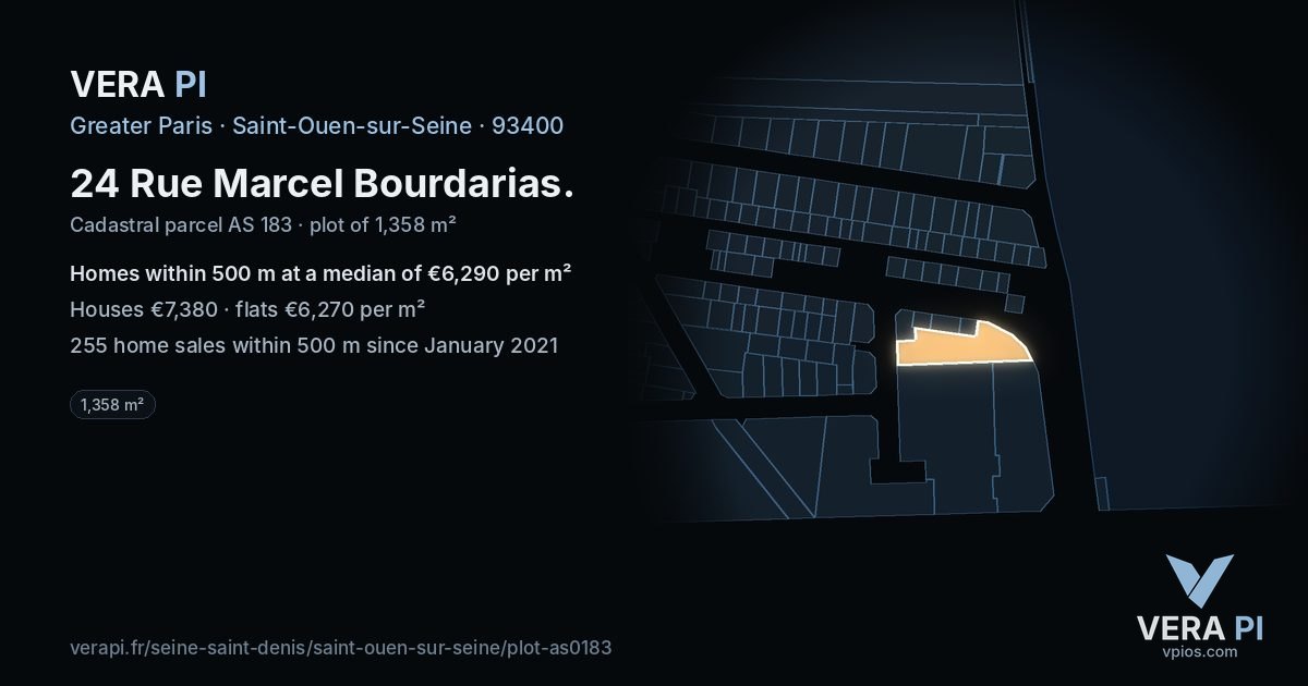 24 Rue Marcel Bourdarias, Saint-Ouen-sur-Seine at night – the plot lit, the parcels around coloured by the prices near them