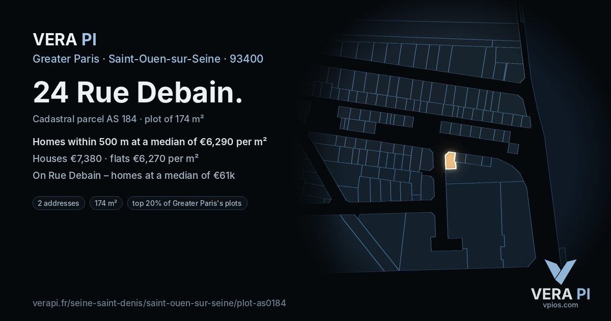 24 Rue Debain, Saint-Ouen-sur-Seine at night – the plot lit, the parcels around coloured by the prices near them
