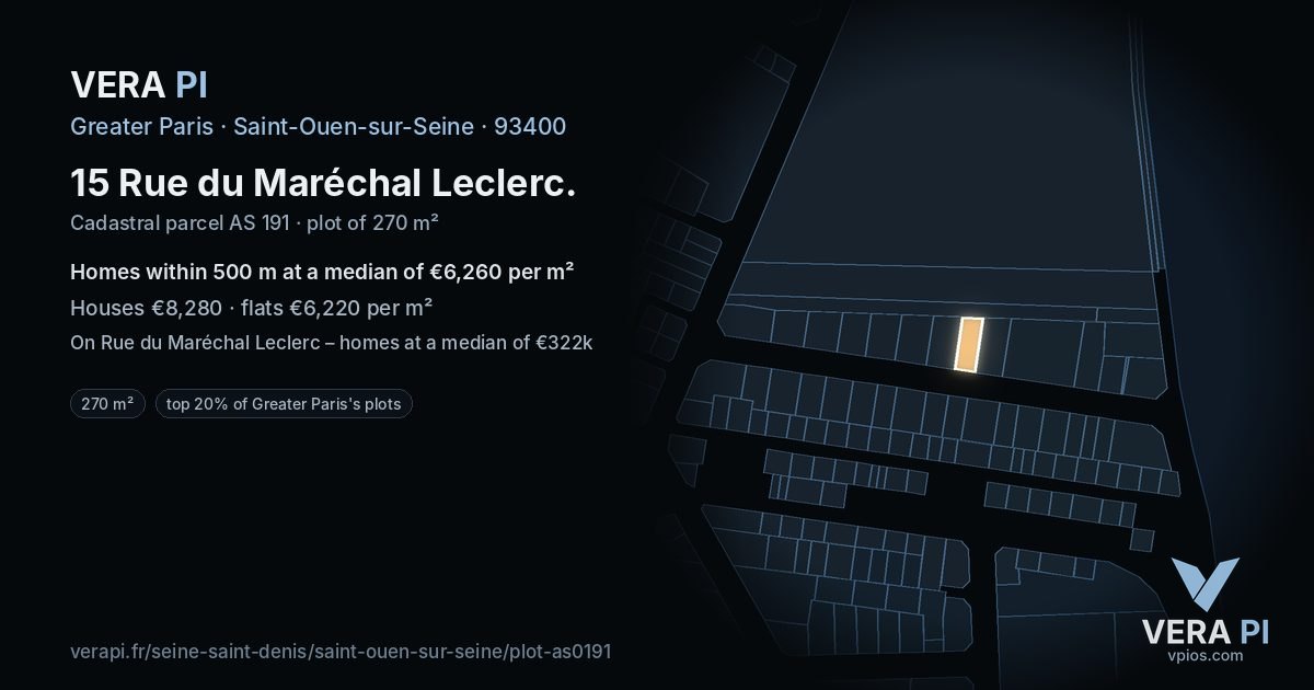 15 Rue du Maréchal Leclerc, Saint-Ouen-sur-Seine at night – the plot lit, the parcels around coloured by the prices near them