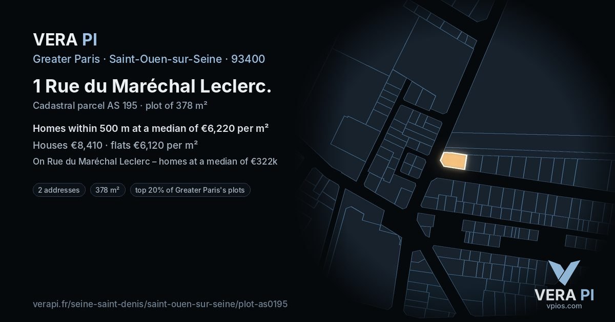 1 Rue du Maréchal Leclerc, Saint-Ouen-sur-Seine at night – the plot lit, the parcels around coloured by the prices near them