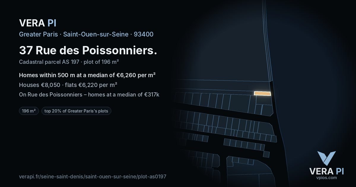 37 Rue des Poissonniers, Saint-Ouen-sur-Seine at night – the plot lit, the parcels around coloured by the prices near them