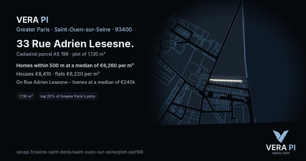33 Rue Adrien Lesesne, Saint-Ouen-sur-Seine at night – the plot lit, the parcels around coloured by the prices near them