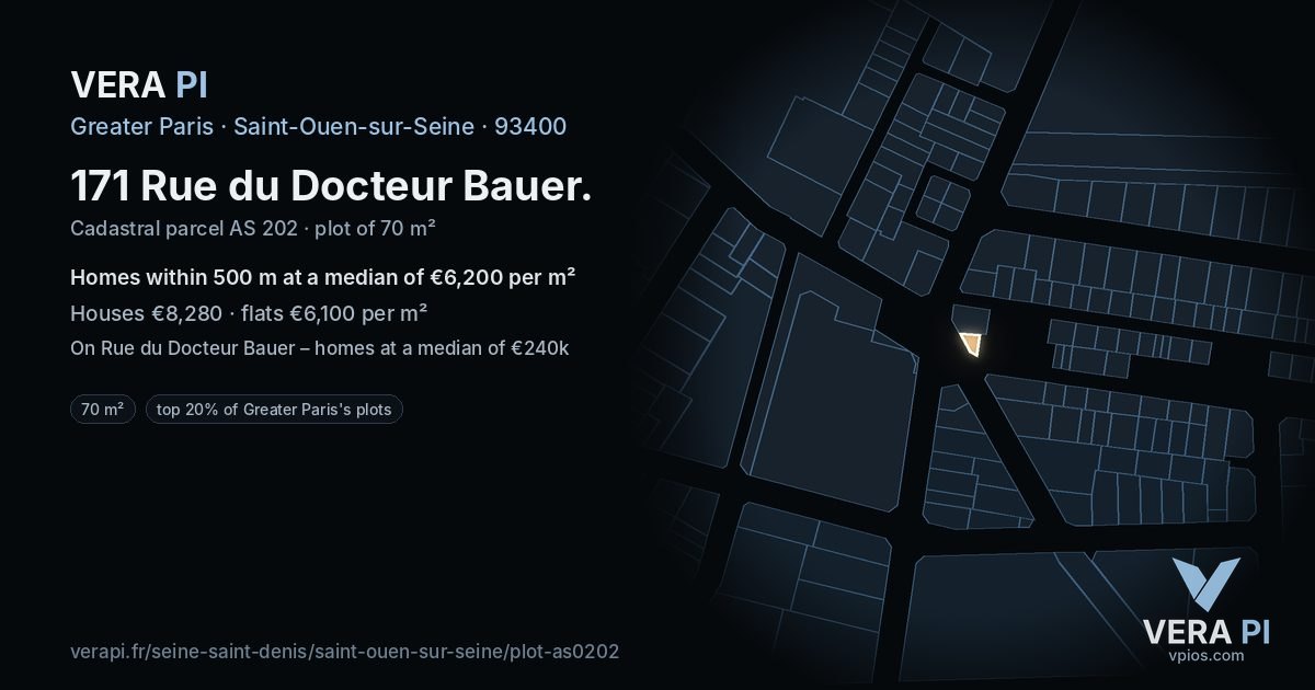 171 Rue du Docteur Bauer, Saint-Ouen-sur-Seine at night – the plot lit, the parcels around coloured by the prices near them