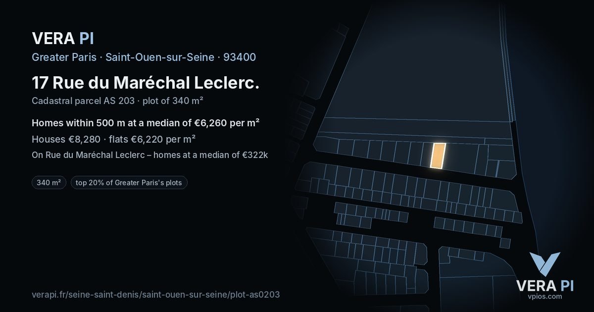 17 Rue du Maréchal Leclerc, Saint-Ouen-sur-Seine at night – the plot lit, the parcels around coloured by the prices near them