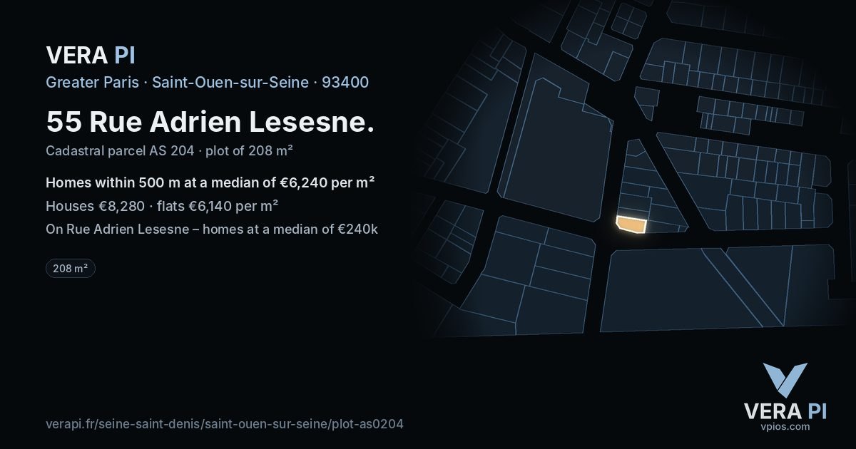 55 Rue Adrien Lesesne, Saint-Ouen-sur-Seine at night – the plot lit, the parcels around coloured by the prices near them