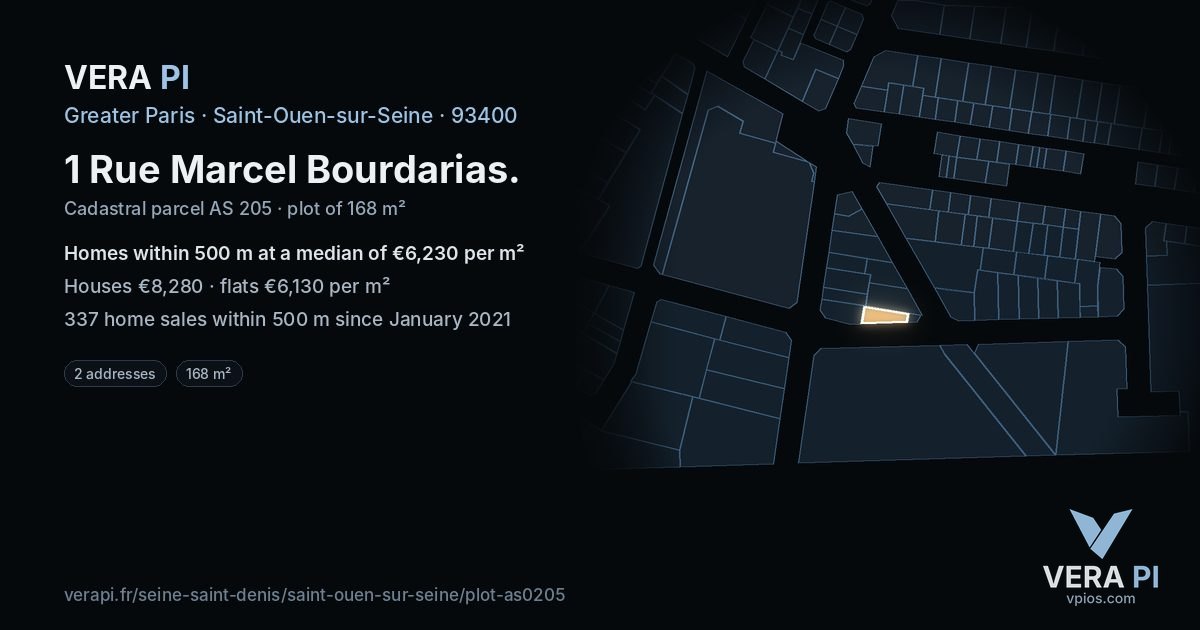 1 Rue Marcel Bourdarias, Saint-Ouen-sur-Seine at night – the plot lit, the parcels around coloured by the prices near them
