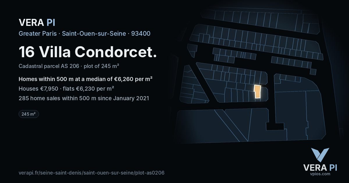 16 Villa Condorcet, Saint-Ouen-sur-Seine at night – the plot lit, the parcels around coloured by the prices near them
