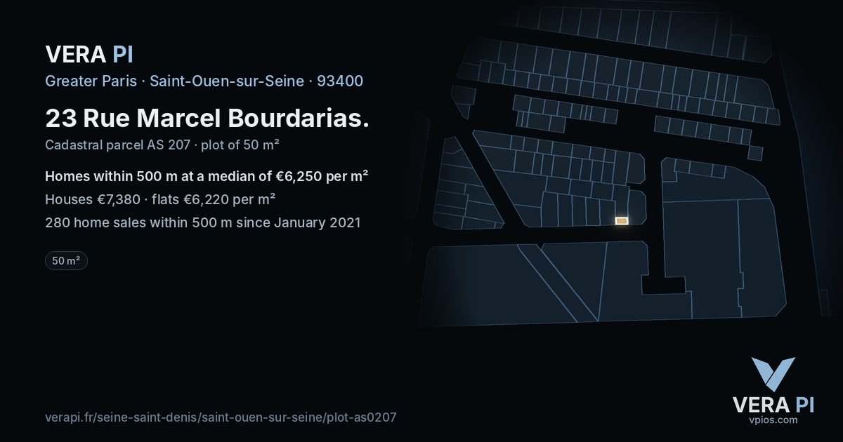 23 Rue Marcel Bourdarias, Saint-Ouen-sur-Seine at night – the plot lit, the parcels around coloured by the prices near them