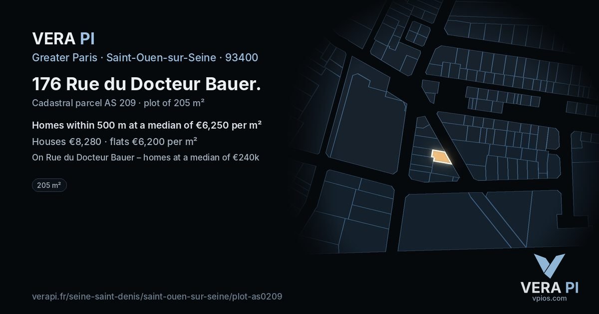 176 Rue du Docteur Bauer, Saint-Ouen-sur-Seine at night – the plot lit, the parcels around coloured by the prices near them