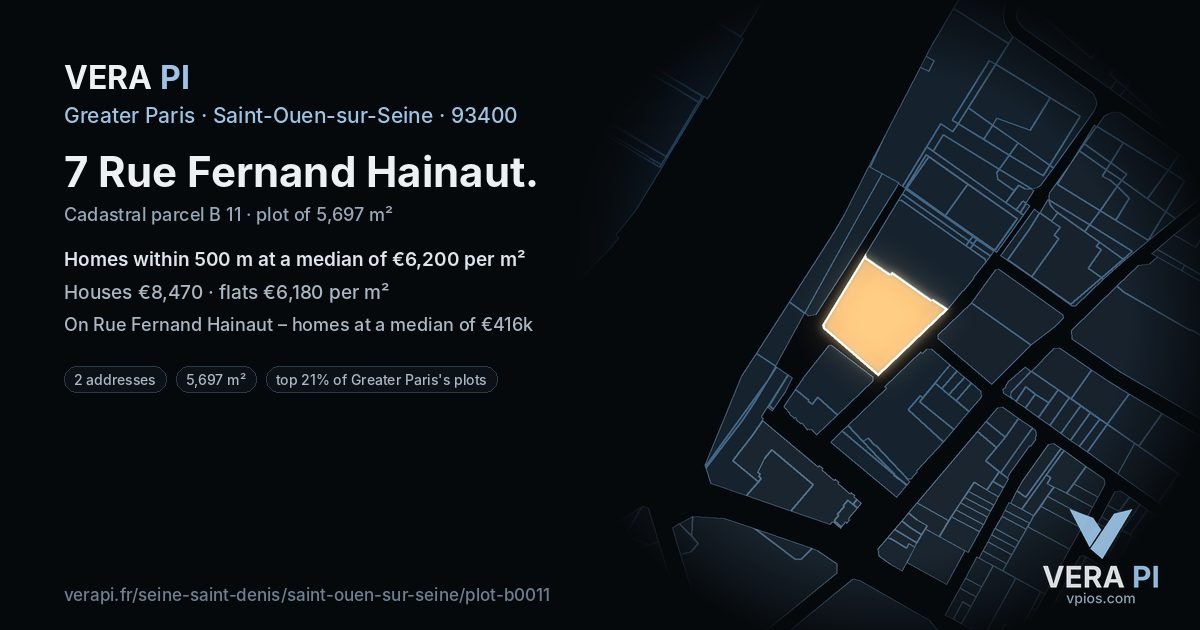 7 Rue Fernand Hainaut, Saint-Ouen-sur-Seine at night – the plot lit, the parcels around coloured by the prices near them