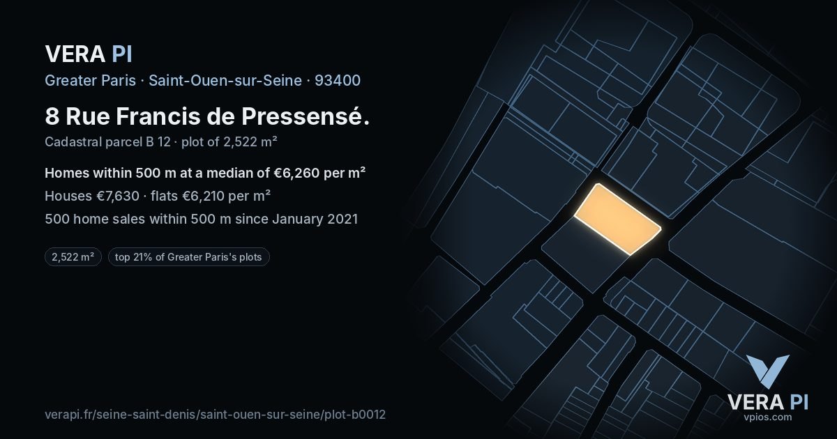 8 Rue Francis de Pressensé, Saint-Ouen-sur-Seine at night – the plot lit, the parcels around coloured by the prices near them