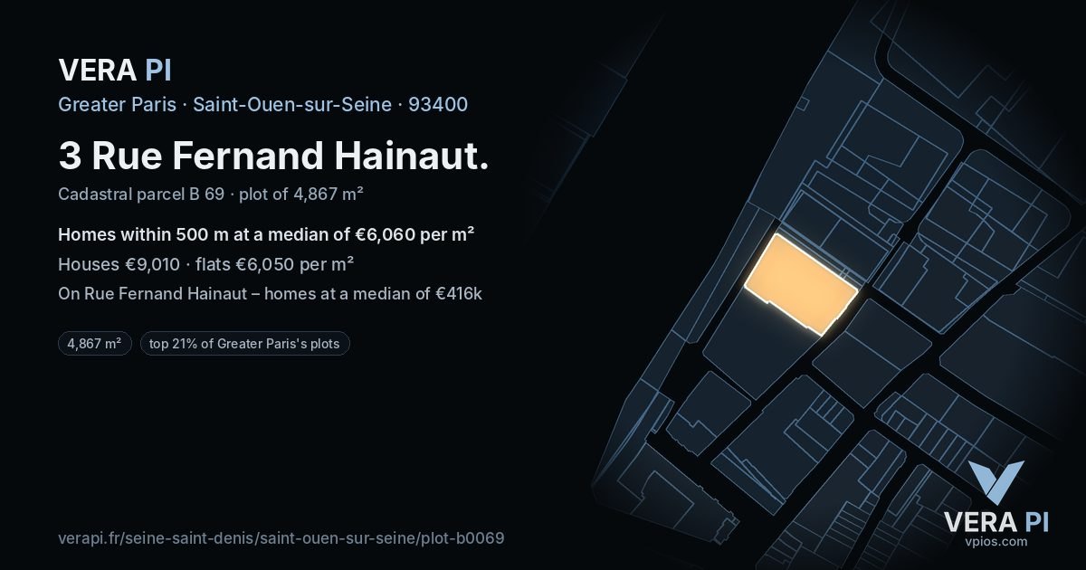 3 Rue Fernand Hainaut, Saint-Ouen-sur-Seine at night – the plot lit, the parcels around coloured by the prices near them