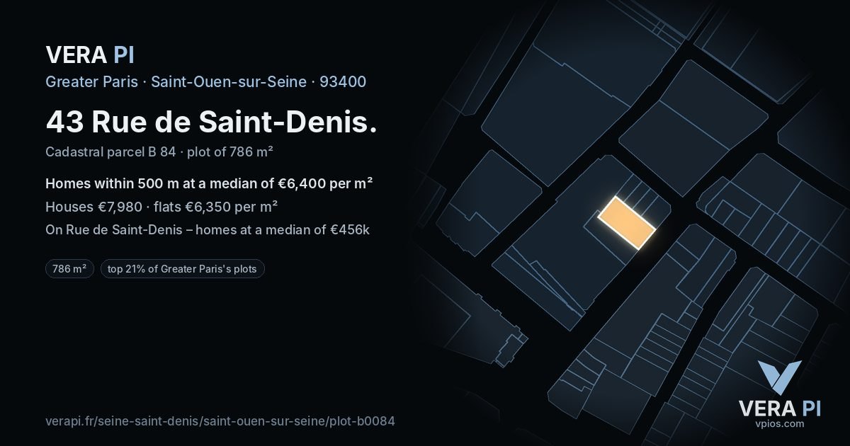 43 Rue de Saint-Denis, Saint-Ouen-sur-Seine at night – the plot lit, the parcels around coloured by the prices near them