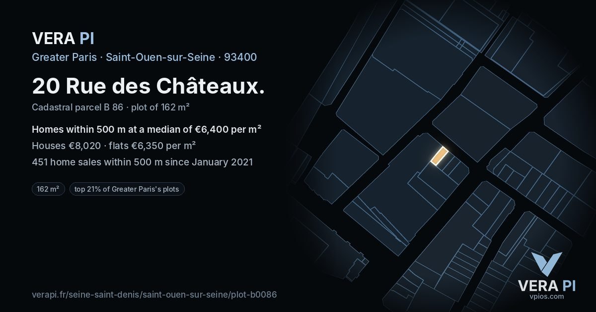20 Rue des Châteaux, Saint-Ouen-sur-Seine at night – the plot lit, the parcels around coloured by the prices near them