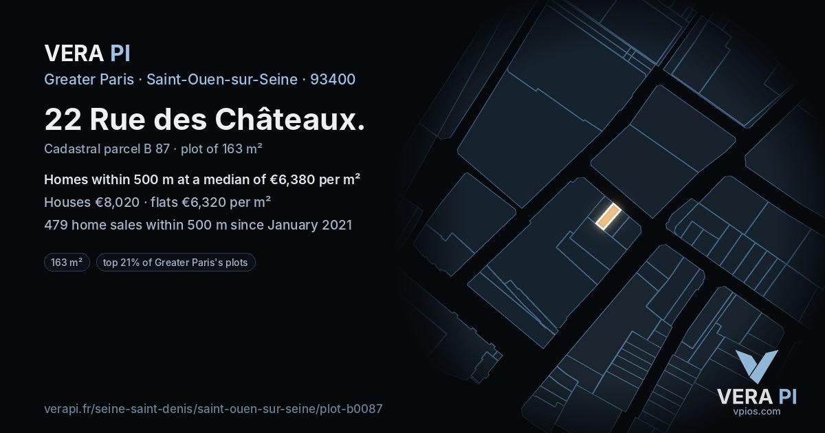 22 Rue des Châteaux, Saint-Ouen-sur-Seine at night – the plot lit, the parcels around coloured by the prices near them