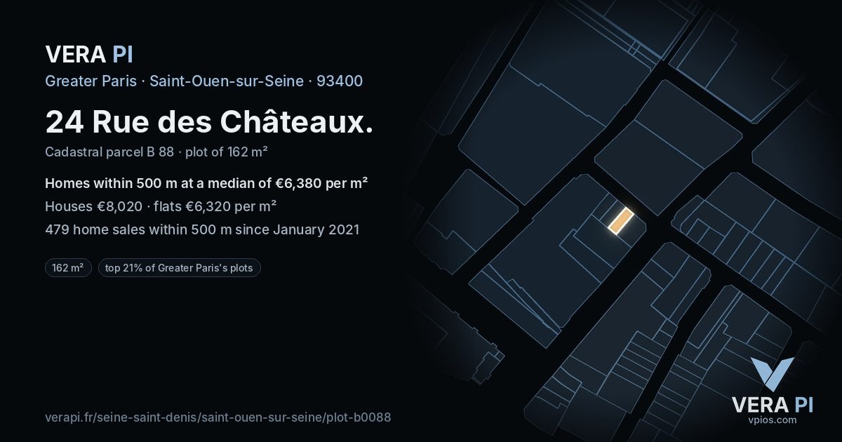 24 Rue des Châteaux, Saint-Ouen-sur-Seine at night – the plot lit, the parcels around coloured by the prices near them