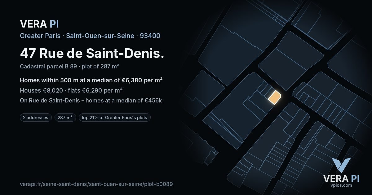 47 Rue de Saint-Denis, Saint-Ouen-sur-Seine at night – the plot lit, the parcels around coloured by the prices near them