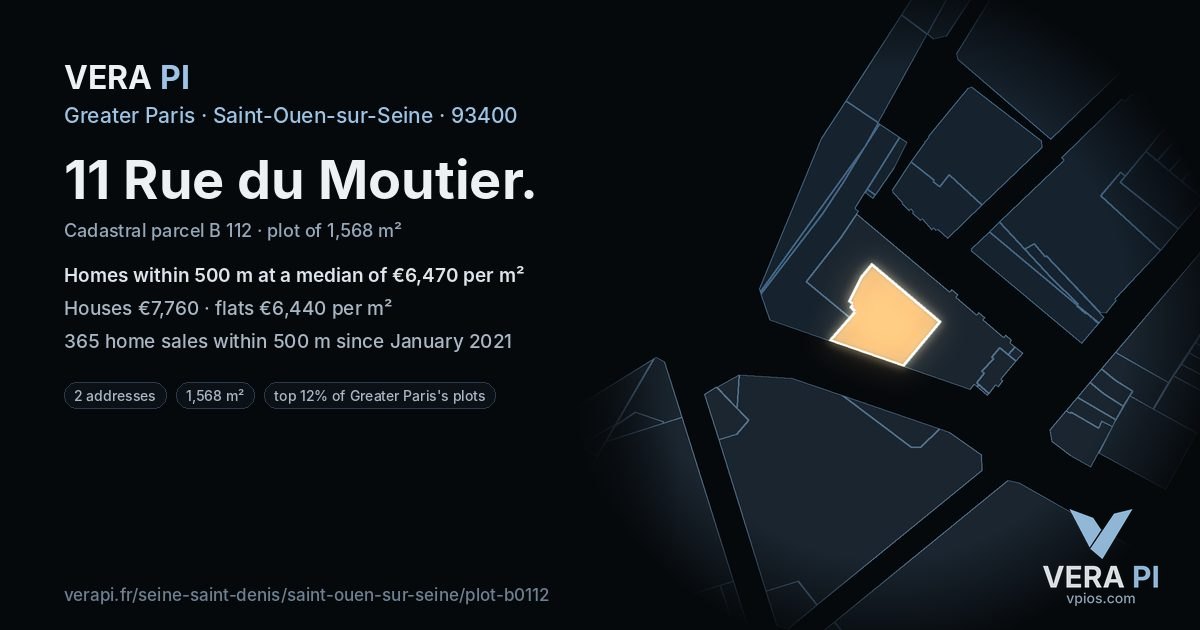 11 Rue du Moutier, Saint-Ouen-sur-Seine at night – the plot lit, the parcels around coloured by the prices near them