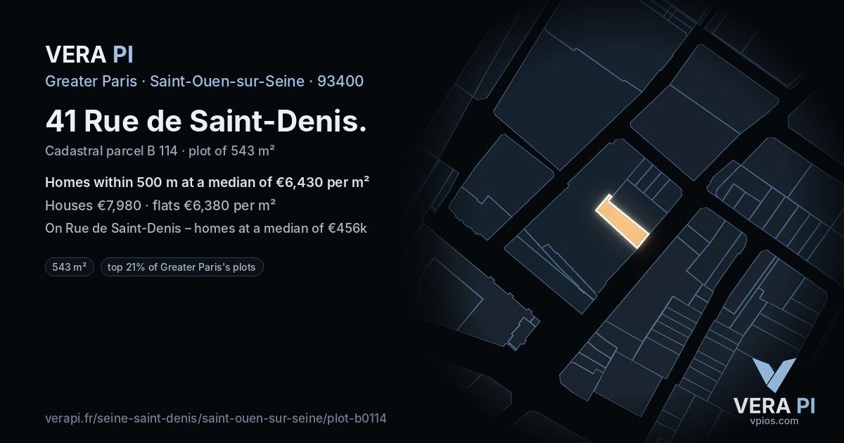 41 Rue de Saint-Denis, Saint-Ouen-sur-Seine at night – the plot lit, the parcels around coloured by the prices near them