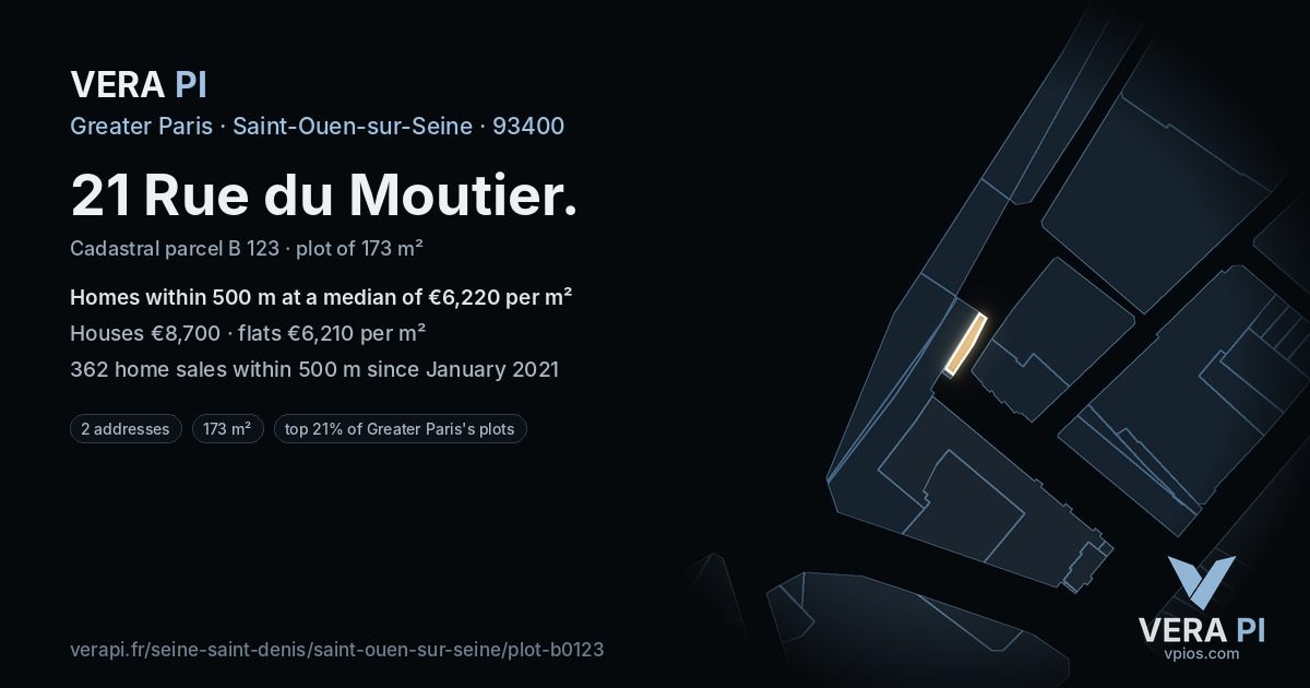 21 Rue du Moutier, Saint-Ouen-sur-Seine at night – the plot lit, the parcels around coloured by the prices near them