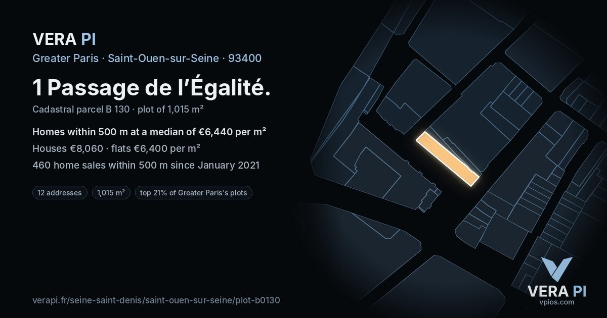 1 Passage de l’Égalité, Saint-Ouen-sur-Seine at night – the plot lit, the parcels around coloured by the prices near them