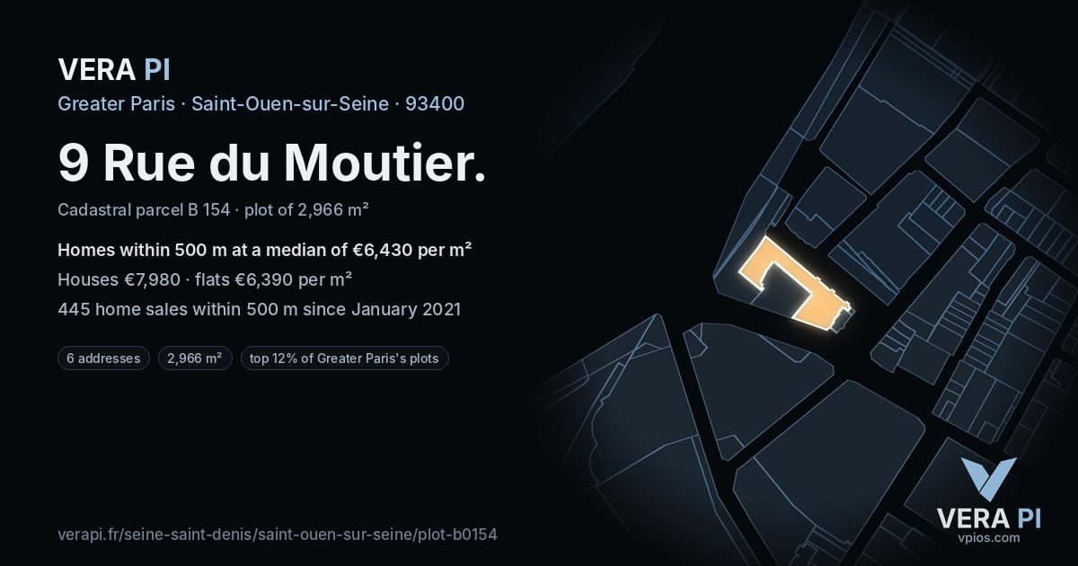 9 Rue du Moutier, Saint-Ouen-sur-Seine at night – the plot lit, the parcels around coloured by the prices near them