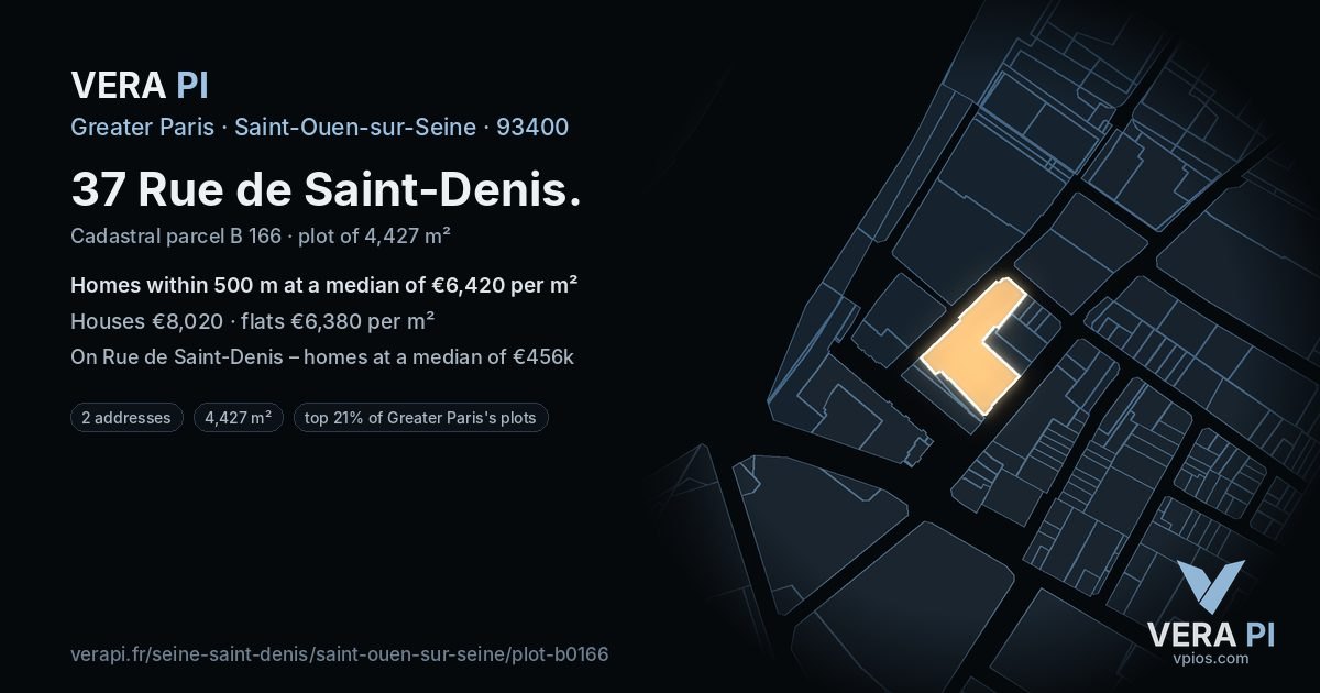 37 Rue de Saint-Denis, Saint-Ouen-sur-Seine at night – the plot lit, the parcels around coloured by the prices near them