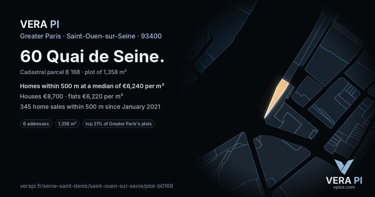 60 Quai de Seine, Saint-Ouen-sur-Seine at night – the plot lit, the parcels around coloured by the prices near them