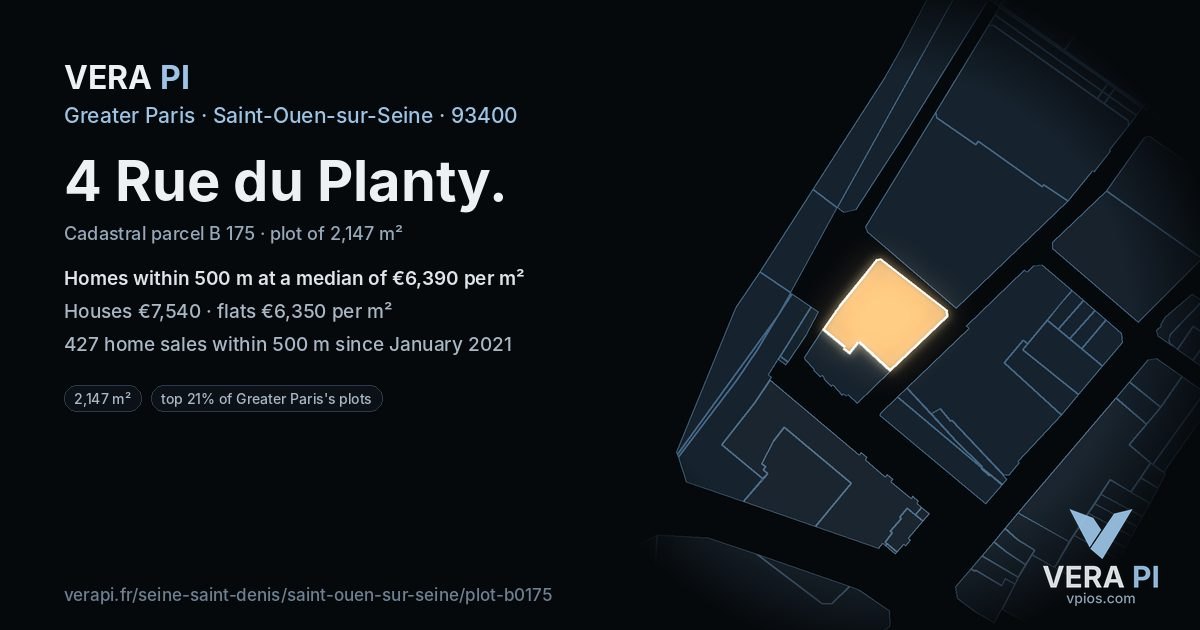 4 Rue du Planty, Saint-Ouen-sur-Seine at night – the plot lit, the parcels around coloured by the prices near them